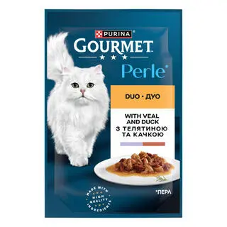 פורינה GOURMET PERLE גורמה פרל פאוץ' לחתול נתחי עגל וברווז – 85 גרם